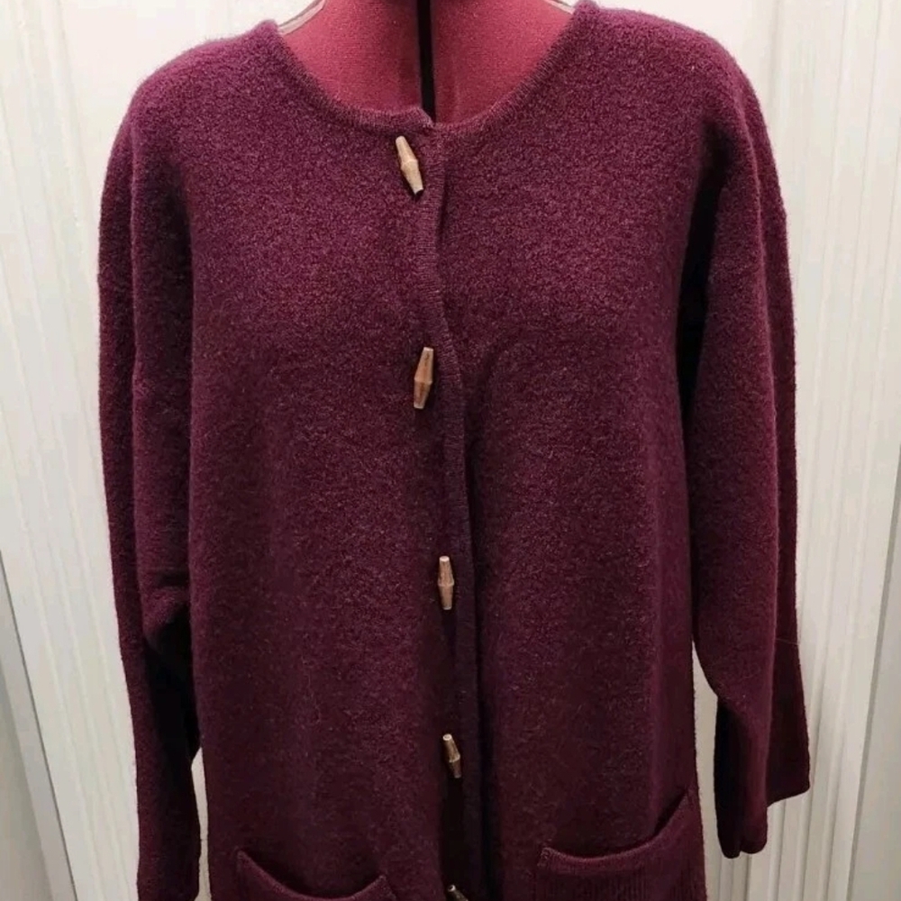 Russ Burgundy Womens Cardigan with Wooden Buttons Size 2x 100% Wool Grandmacore